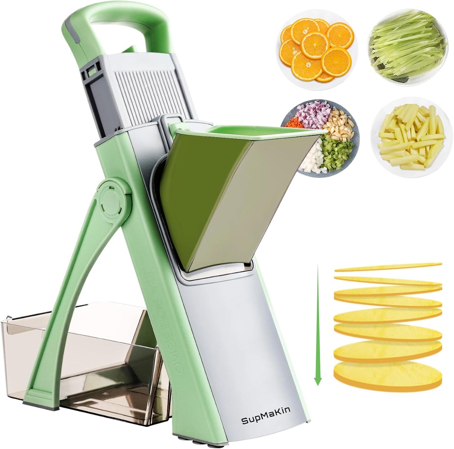 SupMaKin Safe Mandoline Slicer Plus for Kitchen Adjustable Vegetable Slicer | 0.1-8mm, Cut Resistant Stainless Steel Blades,Potato Fry Cutter, Onion Chopper, Detachable,Foldable Dishwasher Safe, Gifts
