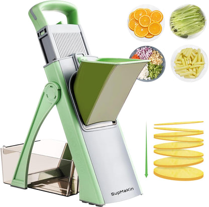 SupMaKin Safe Mandoline Slicer Plus for Kitchen Adjustable Vegetable Slicer | 0.1-8mm, Cut Resistant Stainless Steel Blades,Potato Fry Cutter, Onion Chopper, Detachable,Foldable Dishwasher Safe, Gifts