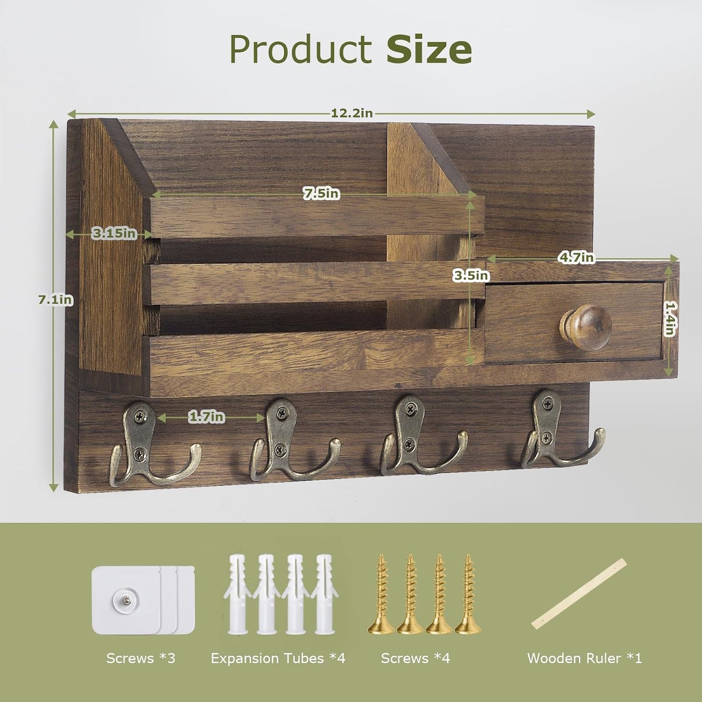 Key Holder Wall Mount, Wooden Key and Mail Organizer, Black | 2 Mount Options, Includes 8 Hooks, Fence Mail Slot, Small Drawer and Shelf, for Entryway, Hallway, Doorway, Living Room, RV