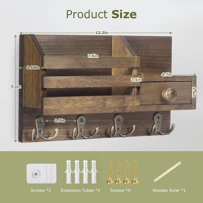 Key Holder Wall Mount, Wooden Key and Mail Organizer, Black | 2 Mount Options, Includes 8 Hooks, Fence Mail Slot, Small Drawer and Shelf, for Entryway, Hallway, Doorway, Living Room, RV