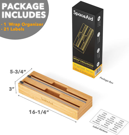 SpaceAid 2 in 1 Long Wrap Dispenser (Need 3" Deep Drawer) with Cutter, Plastic Wrap, Aluminum Foil Dispenser for Kitchen Drawer, Bamboo Roll Organizer Holder, Compatible with 15" Roll