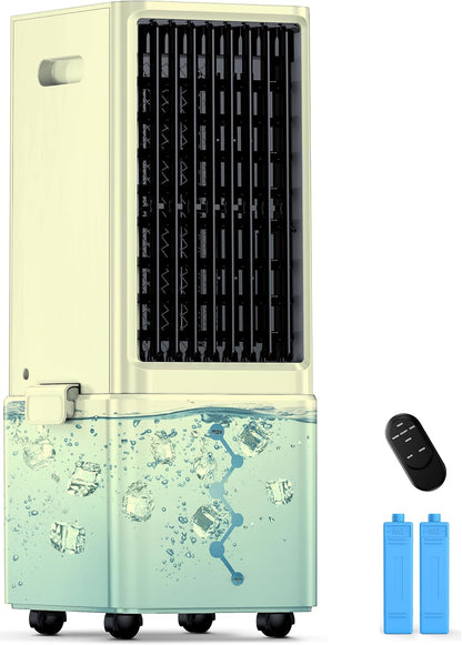 Portable Air Conditioners 4 Modes&3 Speeds,4 Ice Packs, Waterless Alert System, 12H Timer, Remote,1 Gal Detachable Water Tank, 70°Oscillation Windowless Evaporative Air Cooler for Room Office