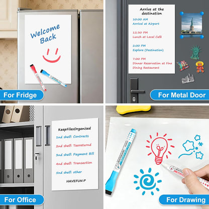 Magnetic Whiteboard for Fridge, 4-Pack Dry Erase Boards (12×8 in) with 5 Markers & Eraser, Strong Magnet & Stain-Resistant Surface, Reusable Message Board for Fridge, Family Planner & Kitchen Notes