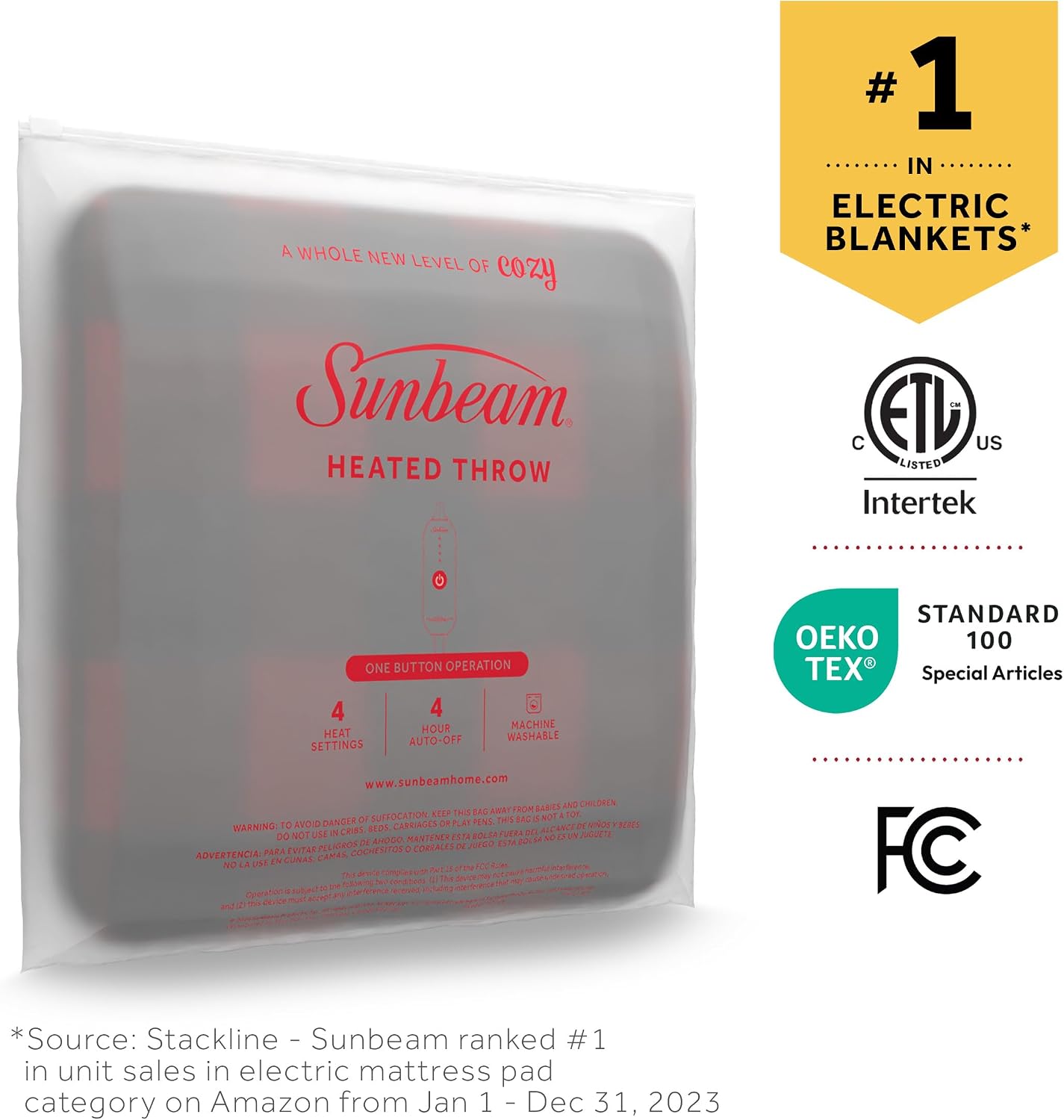 Sunbeam Electric Throw Royal Luxe Microplush Heated Blanket, 4 Heat Settings, 4-Hour Auto Shut-Off, Fast Heating, Warm and Cozy, Walnut Color, 50" x 60"