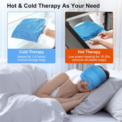 2 in 1 Migraine Relief Cap with Gel Eye Mask, Headache Relief Cap Ice Head Wrap Hot and Cold Therapy Hat Gift for Women for Headache Puffy Eyes Sinus and Tension Stress Relief (Light Purple)