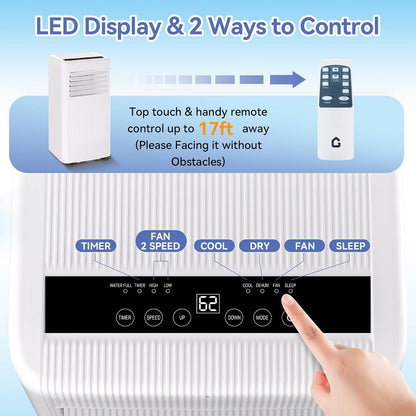 10000 BTU Portable Air Conditioner, 3 In1 Cooling Dehumidifier Fan, Quiet Fast Cooling, 4 Way Swing, LED Display, Remote, 24H Timer, 360° Wheels, Window Kit, Cools Rooms Up to 450 Sq.ft