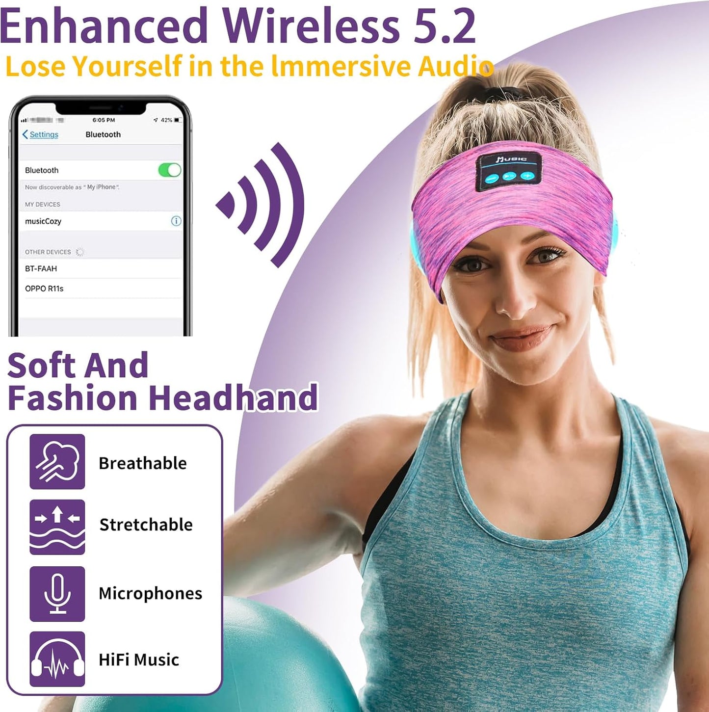 Bluetooth Headphones, Sleep Headphones Headband Wireless for Sleeping Side Sleepers - Adjustable Sleep Headphone, and Bluetooth Headbands for Women (Pink)