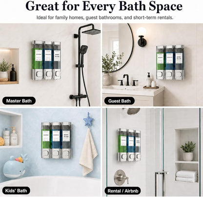 Shampoo and Conditioner Dispenser – Wall-Mounted Shower Soap Dispenser, No-Drill Installation, Lockable, 900 ml Capacity,for Bathroom & Hotel or Airbnb (Black, 3-Pack)