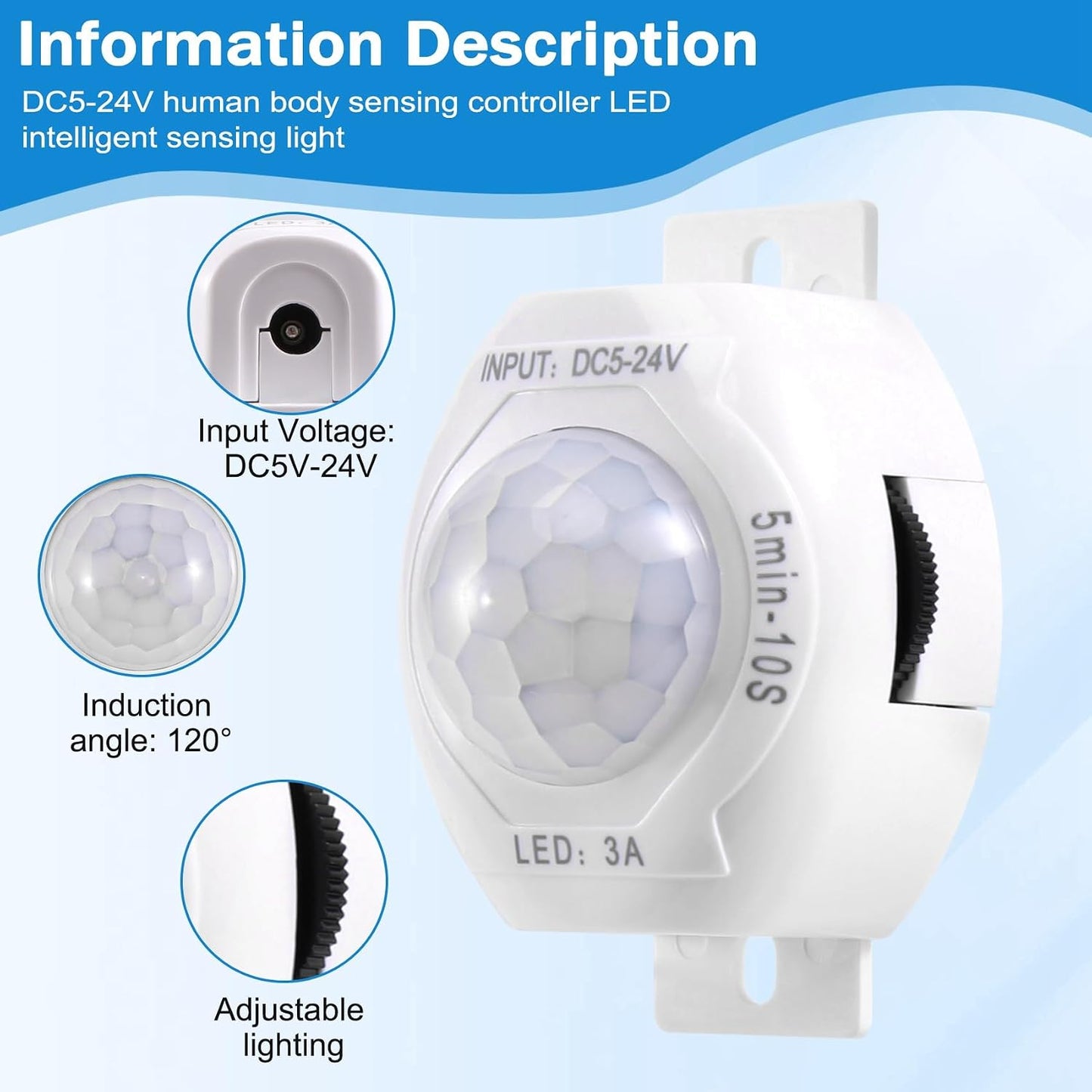 PIR Infrared Motion Sensor Detector DC5-24V Auto on Off Switch Home LED Light Body PIR Motion Sensor Lamp(White)