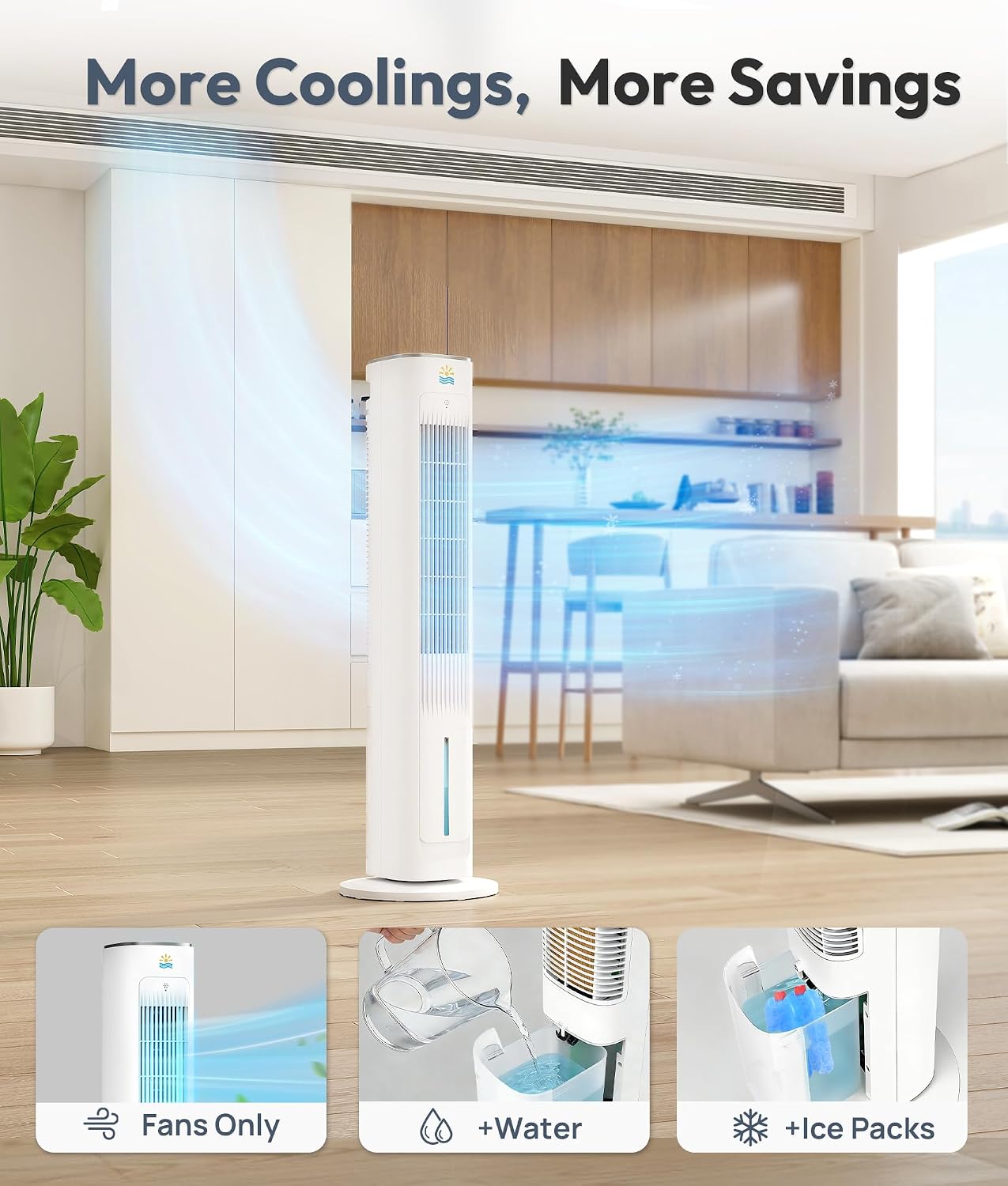 Evaporative Air Swamp Cooler - 38inch Cooling Fans that Blow Cold Air for Bedroom, Portable Tower Fan with 3L Water Tank, Ice Packs, Remote Control, 3 Speeds