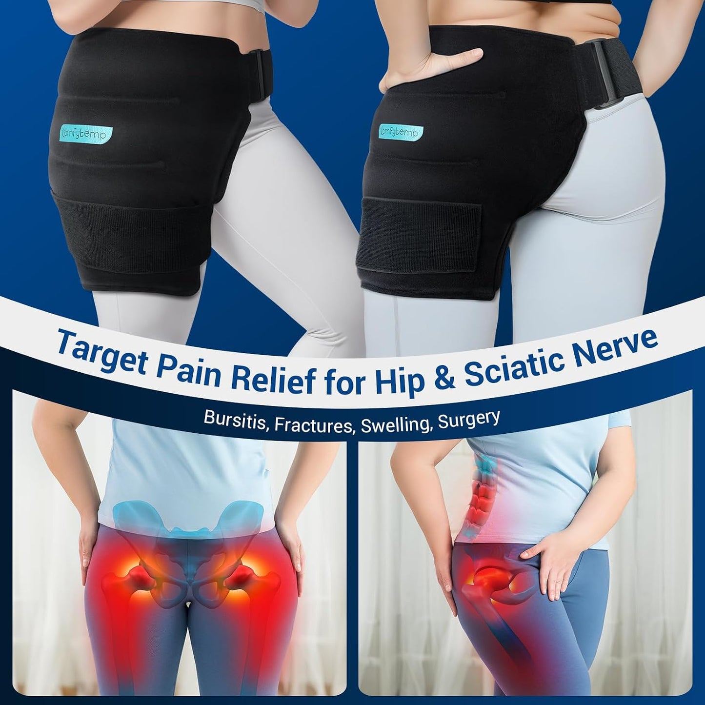 Comfytemp Hip Ice Pack Wrap for Sciatica Pain Relief, Hip Replacement Kit After Surgery, Reusable Gel Ice Pack for Injuries, Hot Cold Compress Recovery Items, Fathers Day Dad Gifts for Men, Blue (S/M)