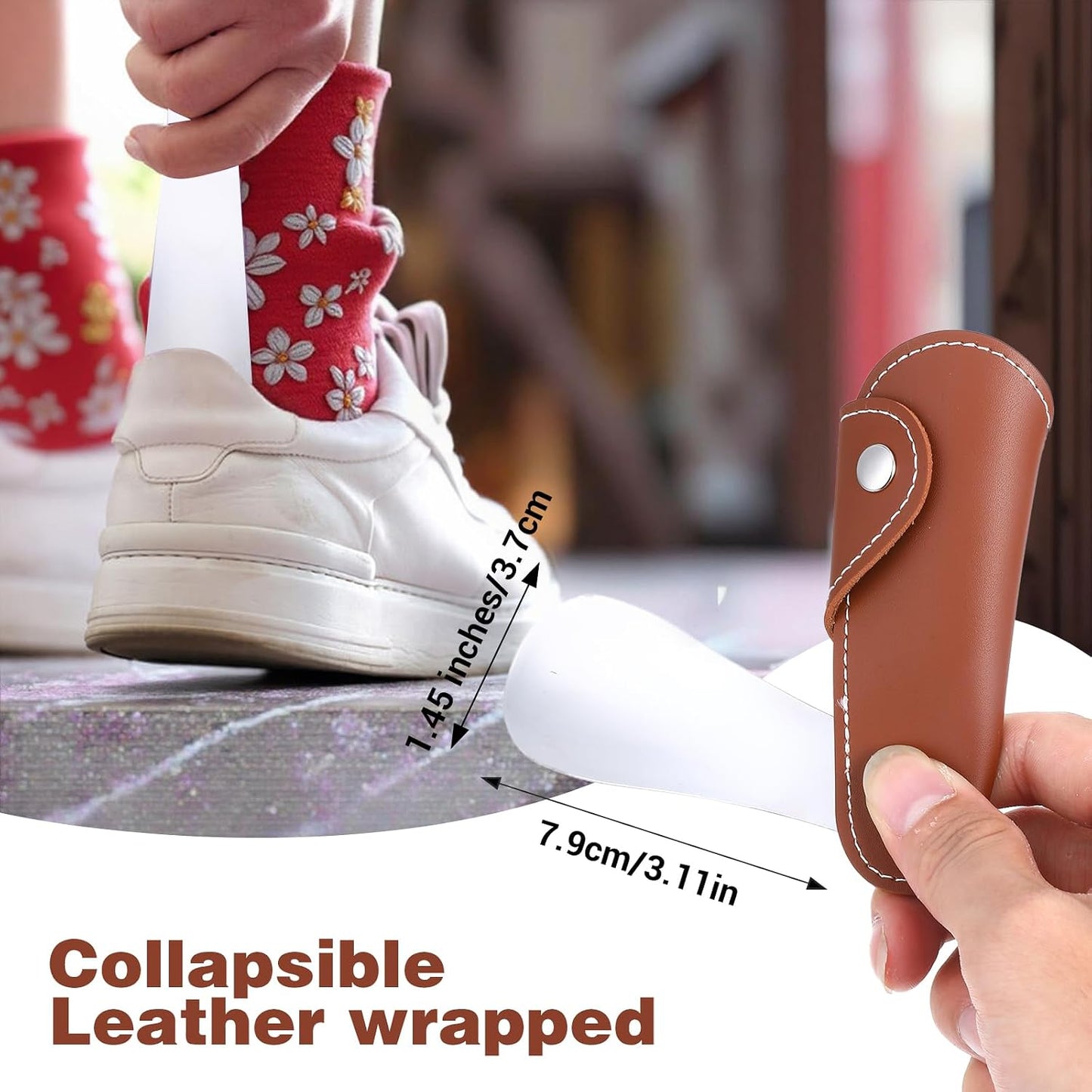 ElevateTech Metal Shoe Horn, Foldable Shoe Horns Shoes Spoon, 7.4 Inch | for Men Women, Short Mini Travel Shoehorn, Stainless Steel, with Leather Case and Keychain