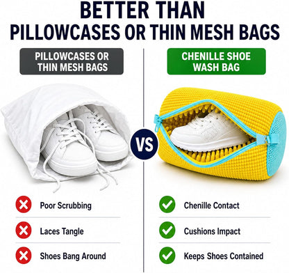 Shoe Washing Machine Bag: Shoes Come Out Clean & Protected during Washing | 2PC Laundry Shoe Bag for Washer and Dryer, Auto-Lock Zipper, Chenille Microfiber Lining, 17 x 7.5 inch, Durable, Yellow