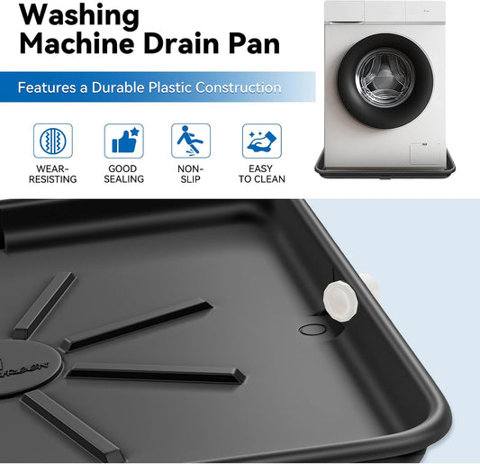 30x32inch Washing Machine Drain Pan, with Raised Edge, Black | Heavy Durable Plastic, with 1" Drain Fittings, Laundry Floor Protector, Waterproof Washing Machine Tray, Leak-Proof