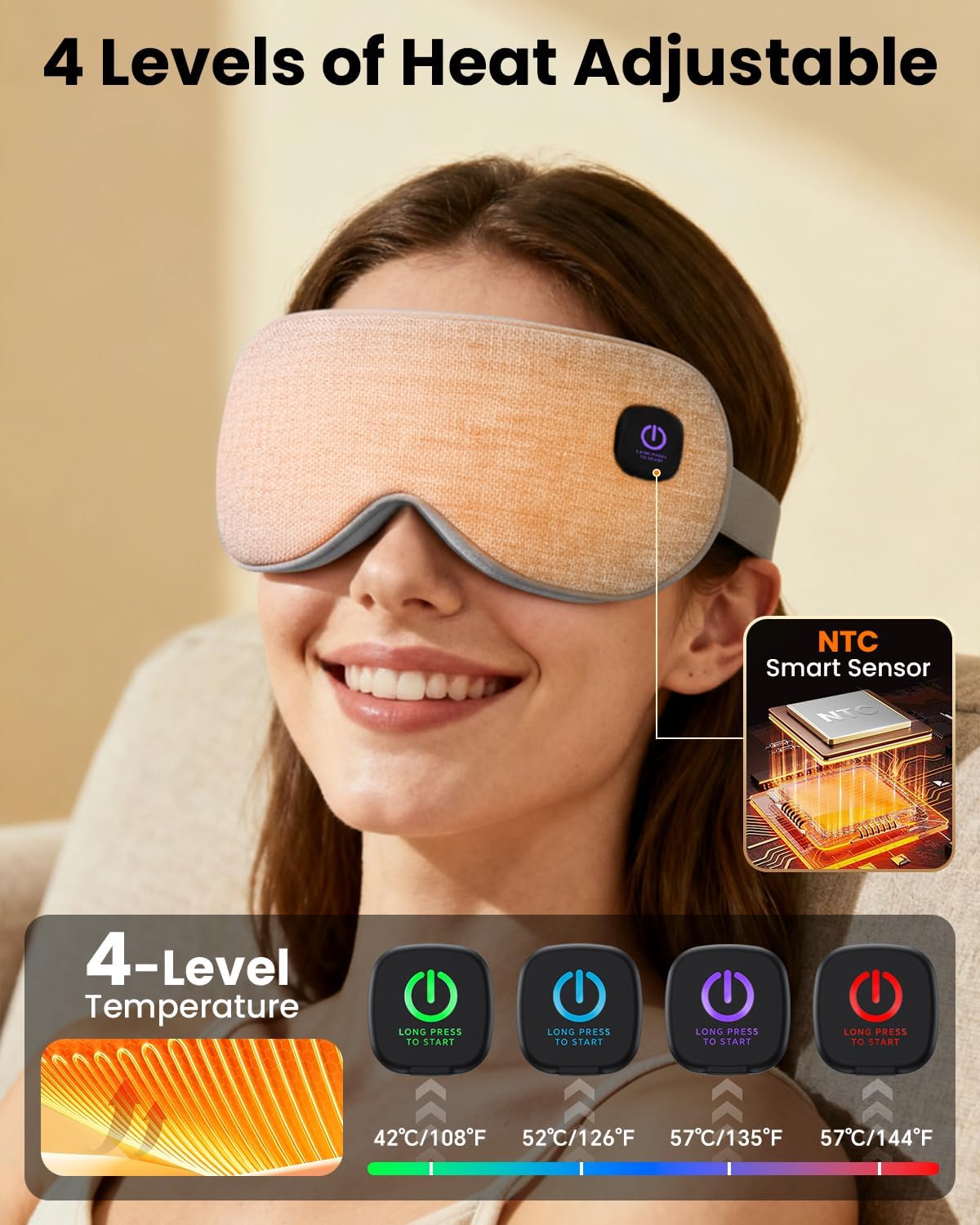 Cordless Heated Eye Mask, Rechargeable Mask with 4 Heat Levels for Dry Eyes