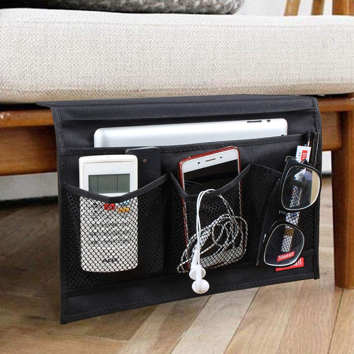 Bedside Storage Organizer with Pockets, Bedside Caddy, Table Cabinet Storage Organizer, TV Remote Control, Phones, Magazines, Tablets, Accessories, Grey