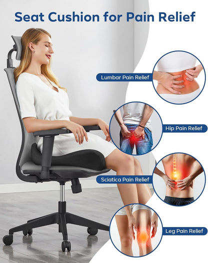 Seat Cushion for Office Chair - Memory Foam Tailbone Cushion | for Desk Chair, Car Seat and Wheelchair - Ergonomic Chair Pad for Hip and Lower Back Comfort - Washable Mesh Cover