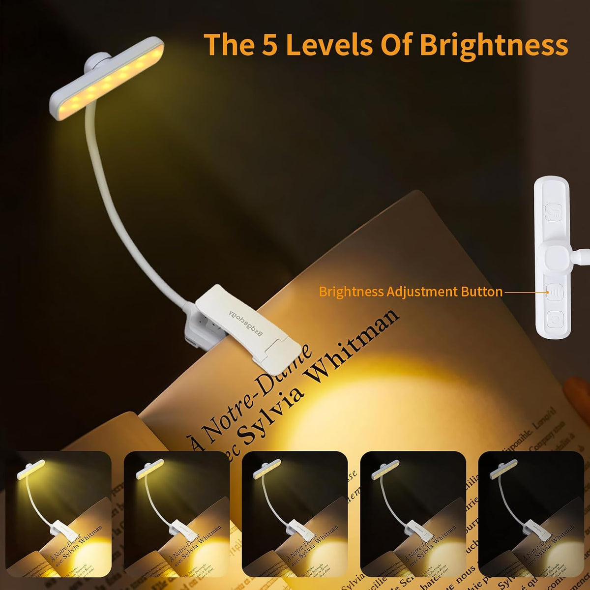 Rechargeable Book Light, Clip-On LED Reading Light, Eye-Caring