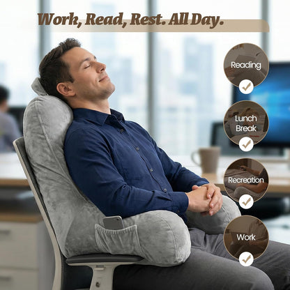 ACH Reading Pillow with Arms for Adults - Adjustable Memory Foam Bed Rest Pillow, Lumbar & Neck Back Support, Soft Velvet Cover Machine Washable, Deep Side Pocket & Carry Handle, Grey