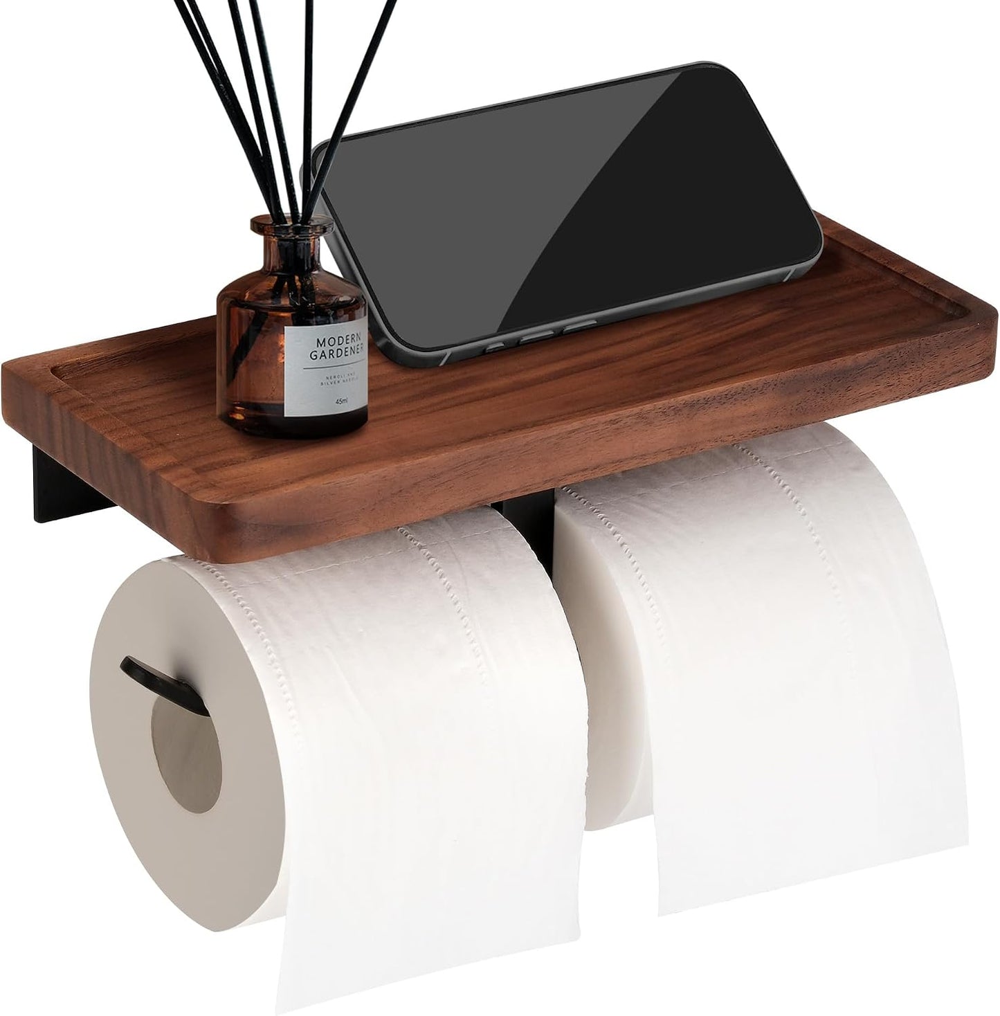 Toilet Paper Holder Walnut Wood Shelf - Wall Mount & Self-Adhesive | Bathroom Tissue Holder, Black Stainless Steel with Walnut Shelf for Phone - Home Apartment Restroom Decor Essentials
