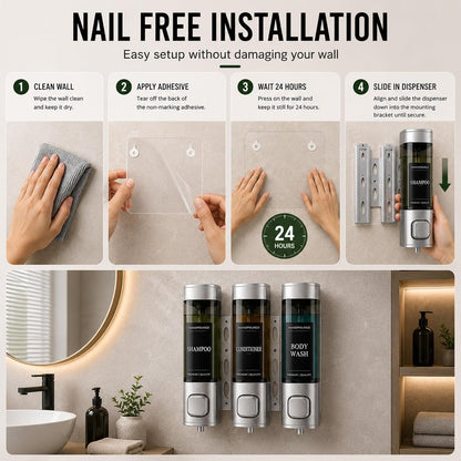 Shampoo and Conditioner Dispenser, Shower Soap Dispenser Wall Mounted, Shower Dispenser 3 Chamber No Drill for Bathroom Large Capacity (Silver)