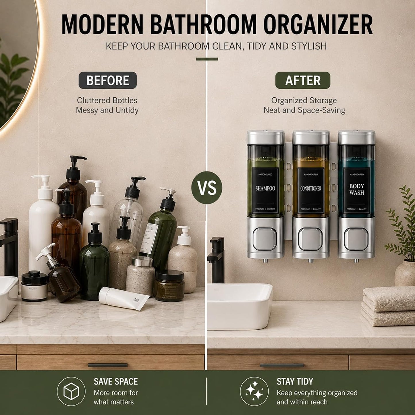 Shampoo and Conditioner Dispenser, Shower Soap Dispenser Wall Mounted, Shower Dispenser 3 Chamber No Drill for Bathroom Large Capacity (Silver)