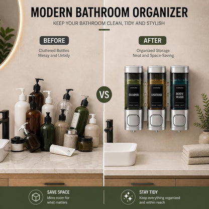Shampoo and Conditioner Dispenser, Shower Soap Dispenser Wall Mounted, Shower Dispenser 3 Chamber No Drill for Bathroom Large Capacity (Silver)