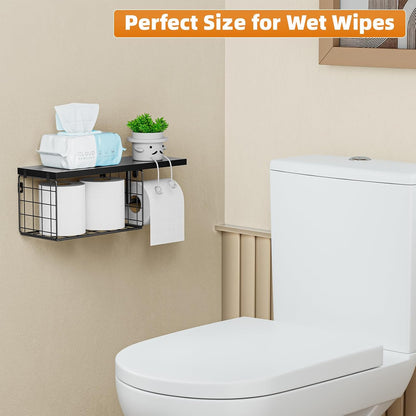 VITVITI Toilet Paper Holder with Shelf, Wall Mounted Storage Basket, Brown | Farmhouse Wall Mount Toilet Paper Holder Shelves, Wood Metal Toilet Roll Wipes Holder for Bathroom