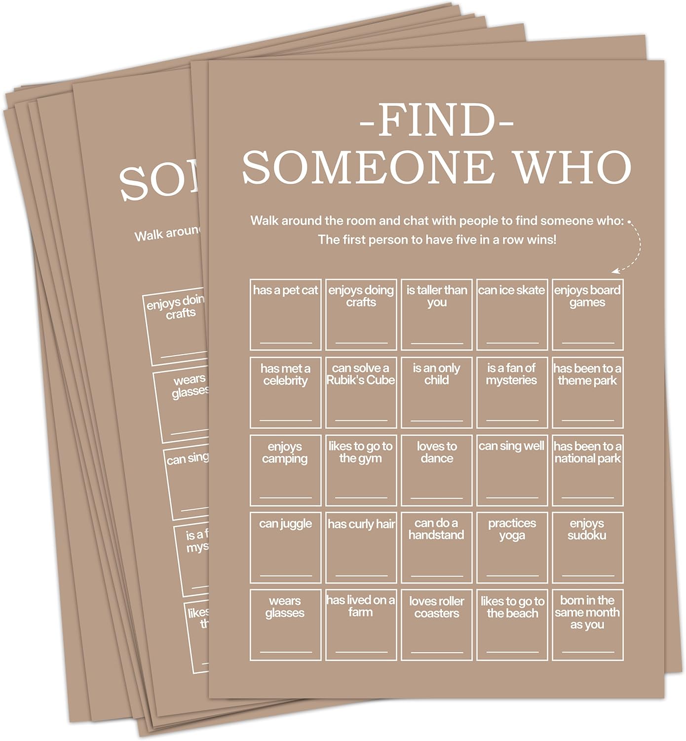 Find Someone Who Bingo Cards, 25 Unique Sheets, Team Building Games for Work, Icebreaker Fun, Engaging Office Games, Team Building Activity for Employees and Groups - Brown