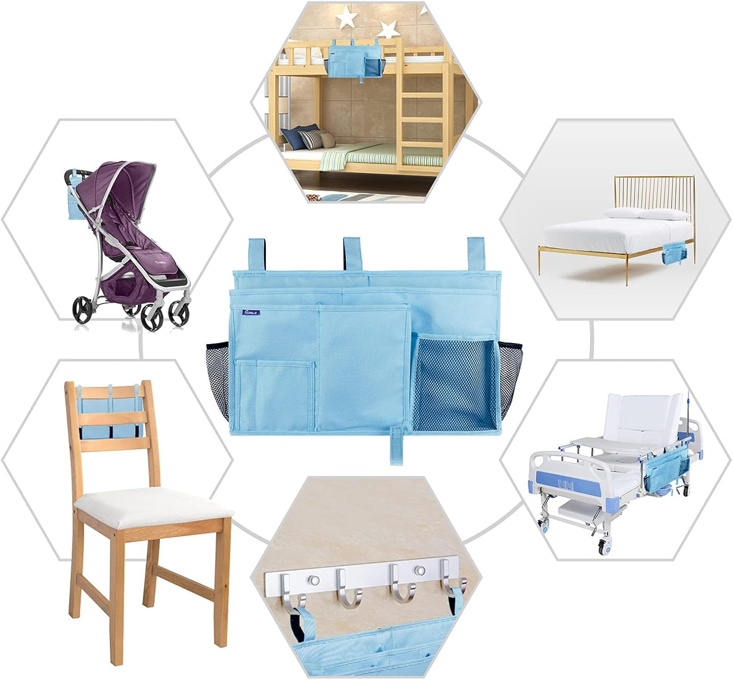 Surblue Bedside Caddy Hanging Organizer Storage Bag Pocket for Bunk, Hospital, College Dorm Rooms, Baby Bed Rails, Camp - 4 Pockets, 2 Hooks (Blue)