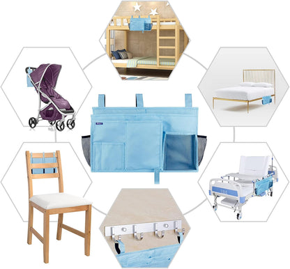 Surblue Bedside Caddy Hanging Organizer Storage Bag Pocket for Bunk, Hospital, College Dorm Rooms, Baby Bed Rails, Camp - 4 Pockets, 2 Hooks (Blue)