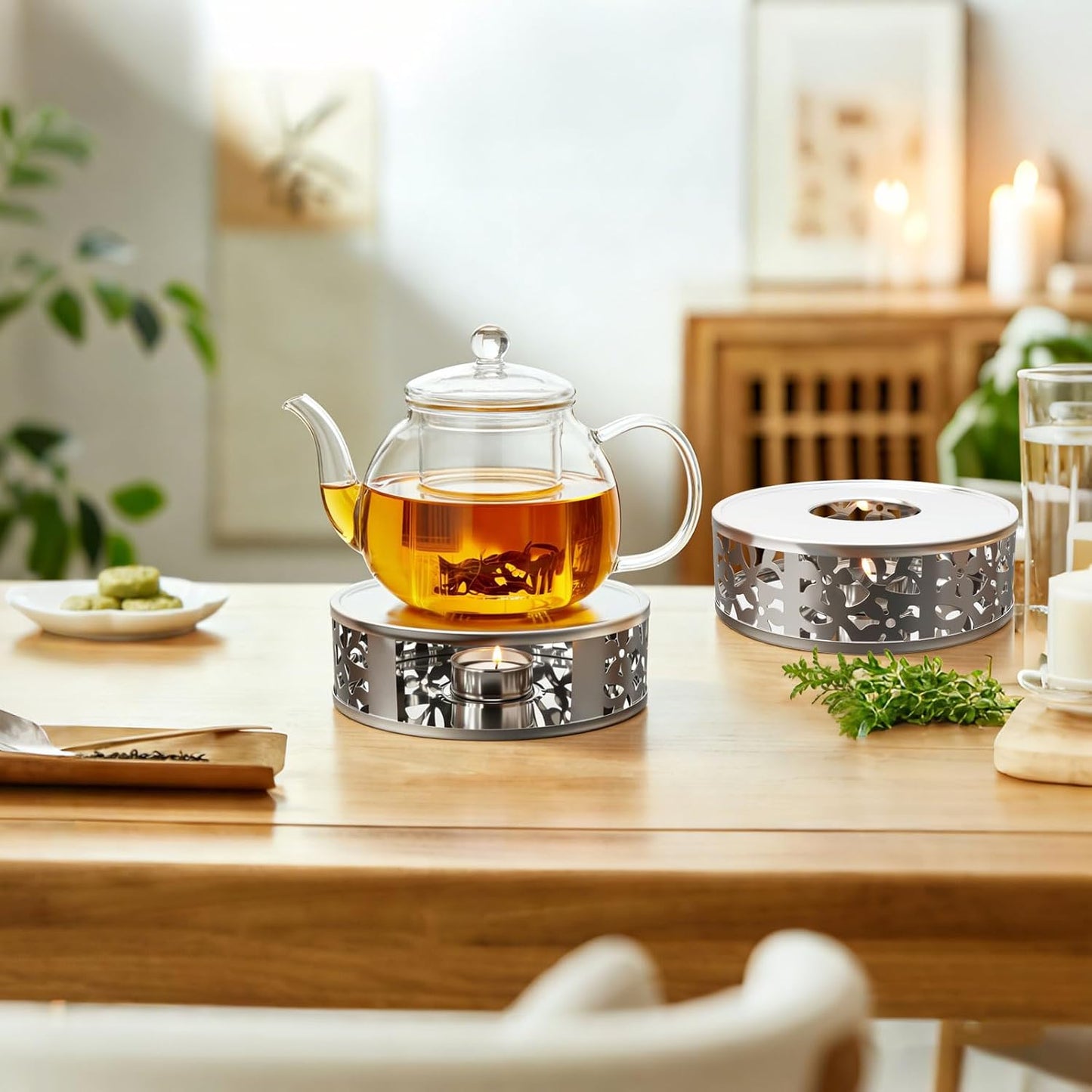 Tea Warmer Petals Silhouette, 2 Pack | Stainless Steel Teapot Warmer, With Tealight Holder