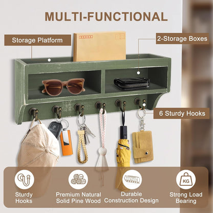 Key Holder Wall Mount with Mail Organizer, 6 Hooks & Shelf, Brown | Wood Key Holder Wall Mount with 6 Key Hooks, Shelf & Storage Box and Mail Organizer for Entryway, Apartment, Home and Office