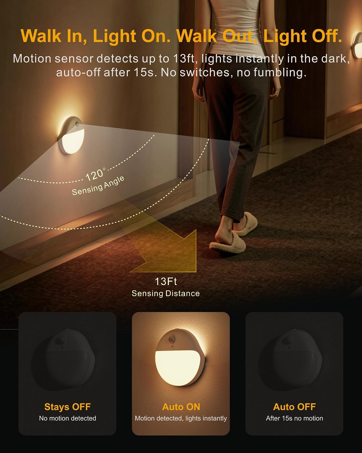 Small Motion Sensor Amber Night Light Battery Operated, Toilet Light | 2 Pack, 3 Modes, Dimmable 1-15lm, Dim Light Soft Glow, No Plug, Wireless Stick on Light for Bedroom, Sleep, Bathroom, Kids