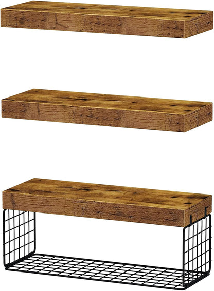 QEEIG Bathroom Shelves Over Toilet - Wall Mounted Floating Shelves Toilet Paper Storage Small Farmhouse Decor Shelf 16 inch Set of 3, Rustic Brown (019-BN3)