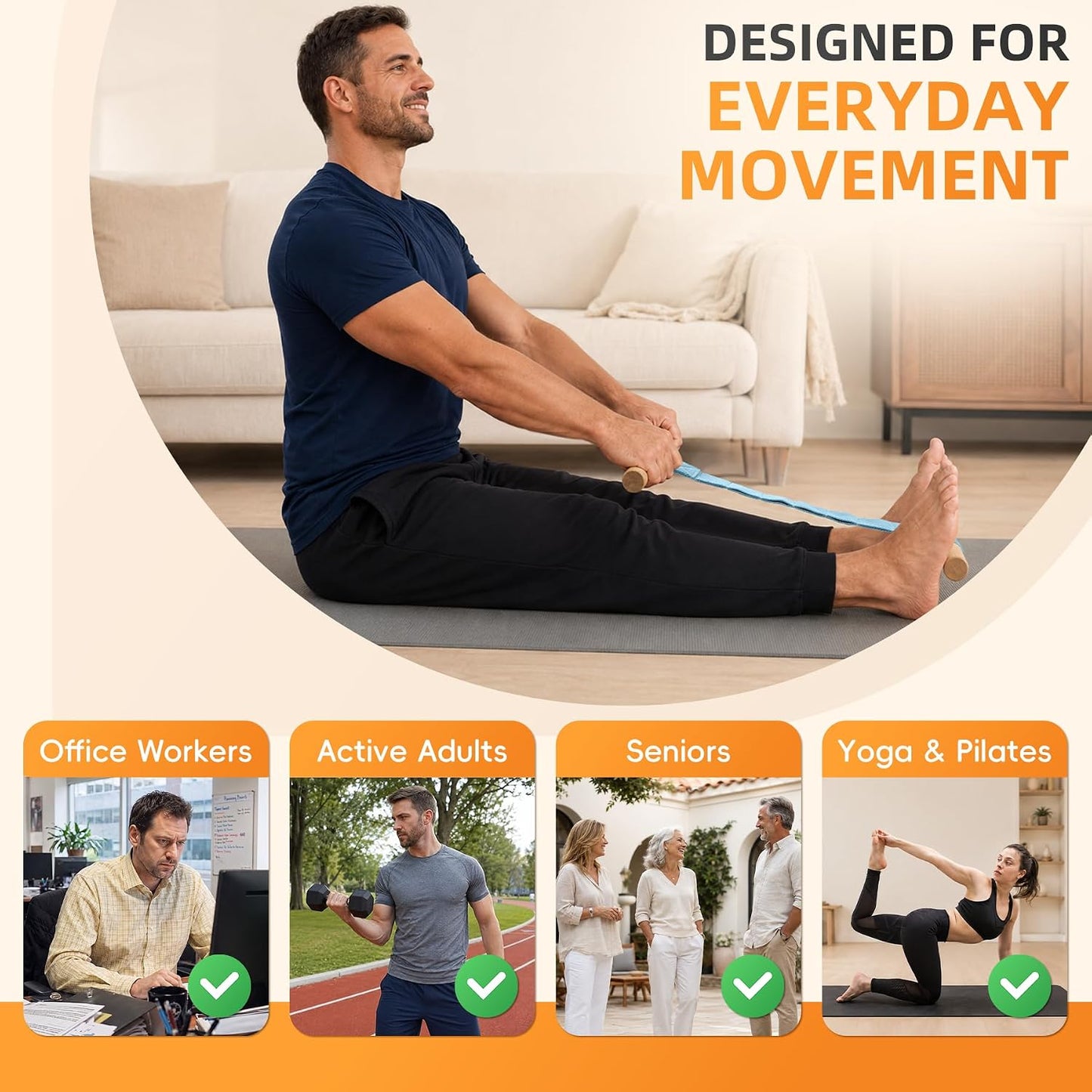 Adjustable Hamstring and Calf Stretching Tool with Beechwood Bar | Includes non-slip yoga socks and a stretch strap for yoga, Pilates, home and office mobility routines.