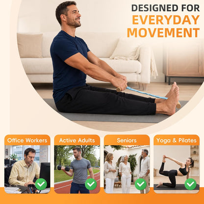 Adjustable Hamstring and Calf Stretching Tool with Beechwood Bar | Includes non-slip yoga socks and a stretch strap for yoga, Pilates, home and office mobility routines.