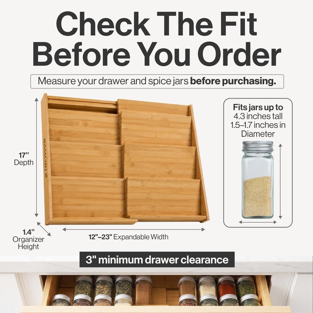 Bamboo Spice Drawer Organizer, Expandable 12 to 23 Inch Insert Holds 48 Jars, 4 Tier Seasoning Rack for Kitchen Drawer or Countertop, Adjustable Wood Spice Organizer