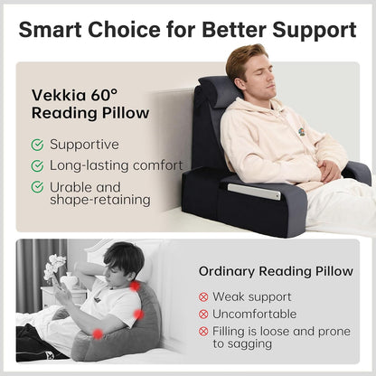 Vekkia 21" Reading Pillow for Bed with Adjustable Arms and XL Side Pockets | 60° Wedge Back Support, Washable Cover, Support Chair for TV, Gaming, Working, Nursing, Recovery in Bed & Floor, Black/Gray