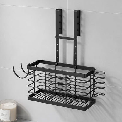 3-in-1 Universal Hair Dryer Holder, Adjustable Height Metal Blow Dryer Organizer, Wall Mounted Or Over Cabinet Door, Free Standing Silvery Hair Tool Storage for Bathroom Standard Black