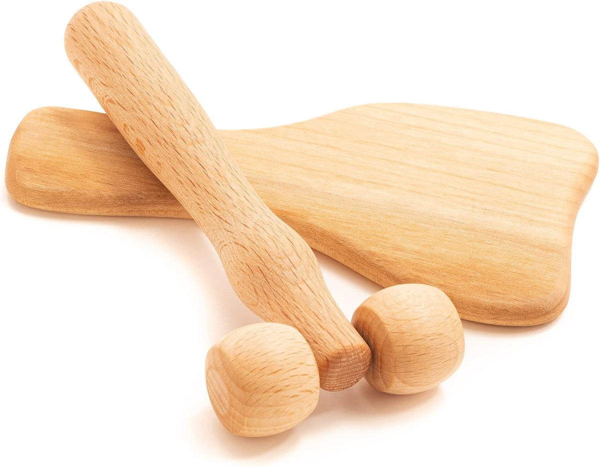 tuuli Body and Face Roller, Multi-Functional Wooden Massage Roller, Helps Ease Muscle Tension and Support Skin Health, Natural Face Massage Tools, Set of 2 (2 piece set A)