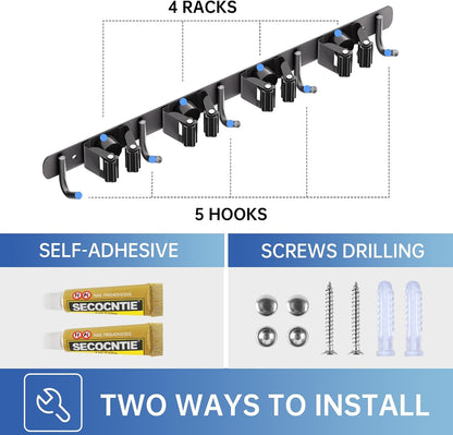 ZONGOOL 2 Pack Mop Broom Holder Wall Mount 4 Racks 5 Hooks Storage Black | 304 Rustproof Stainless Steel Broom Hanger, Non-Slip Wall Mount Organizer, Space Saving For Kitchen, Laundry, Garden