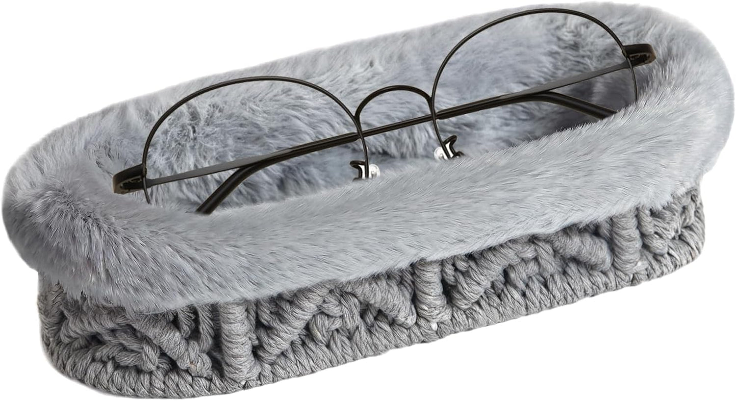 Glasses Holder, Anti-scratch Plush Lined Eyeglass Holder Stand | Oval Eye-glasses Storage Organizer Case for Nightstand, Office Desk, Bedside Table, Beige