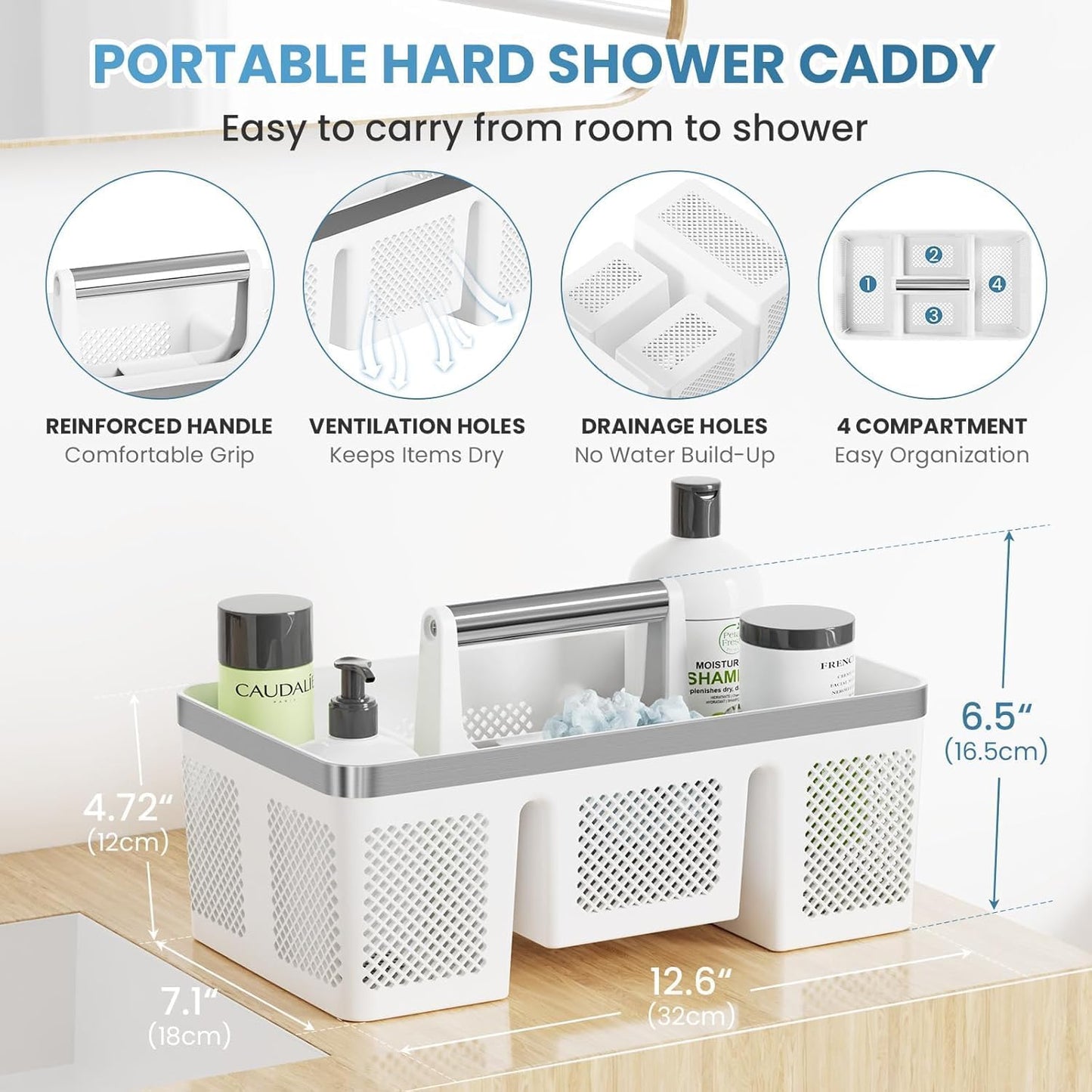 BYUNER Portable Cleaning & Shower Caddy with Handle: Rigid Plastic Basket with 4 Divided Compartments, All-Side Drainage for College Dorm, Bathroom & Utility Use, Black/Gold