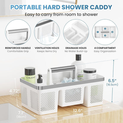 BYUNER Portable Cleaning & Shower Caddy with Handle: Rigid Plastic Basket with 4 Divided Compartments, All-Side Drainage for College Dorm, Bathroom & Utility Use, Black/Gold