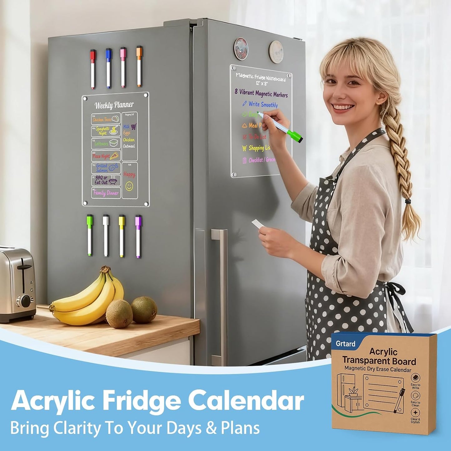 3 Pack Acrylic Calendar for Fridge, Magnetic Calendar for Refrigerator, 16"x12" Dry Erase Whiteboard Fridge Calendar,2026 Clear Monthly Weekly Daily Memo Planning Board with 8 Markers