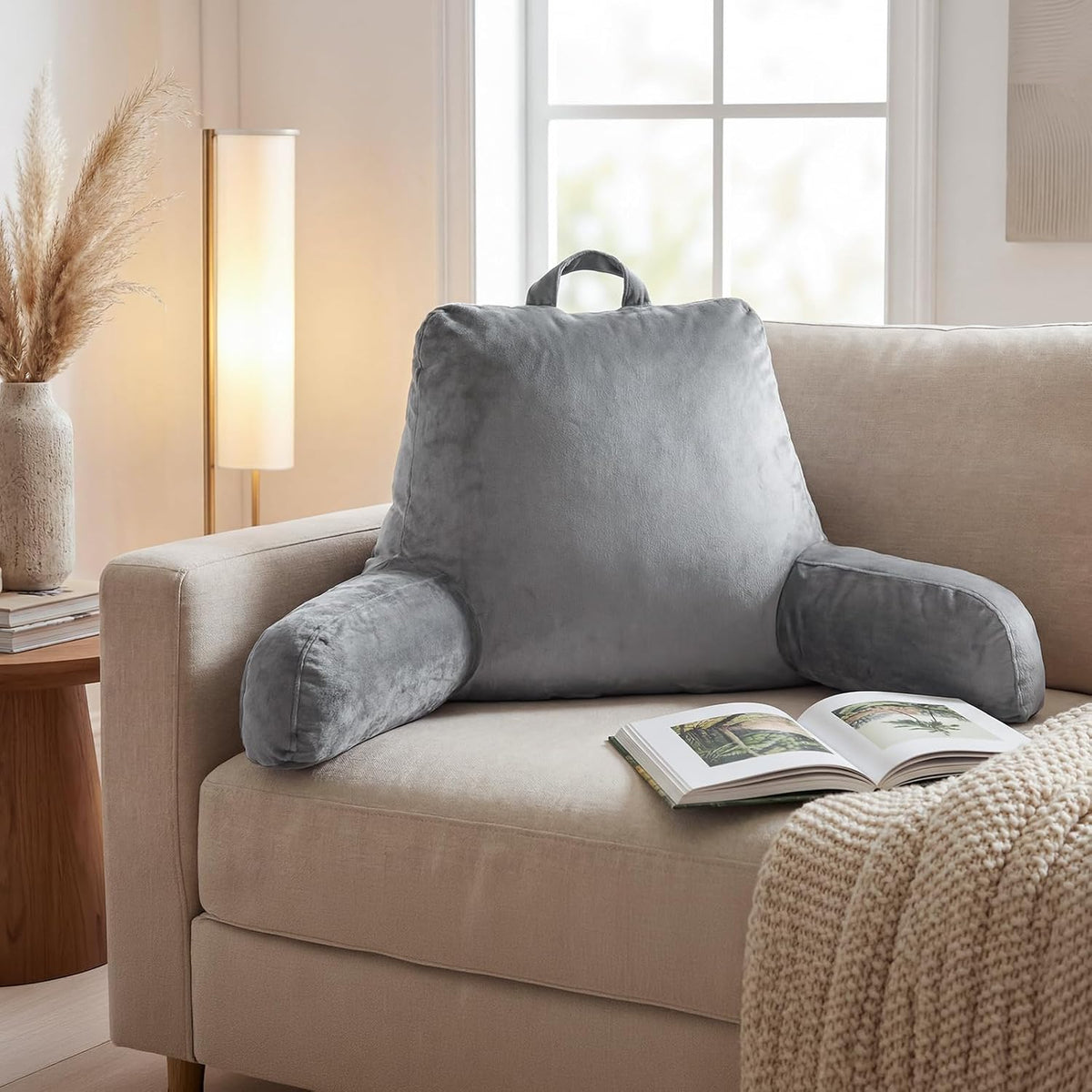 Reading Pillow for Bed with Arm Support, Large Backrest Cushion for Sitting Up in Bed, Plush Ergonomic Back Pillow for Reading, Watching TV, Gaming & Relaxing,Pillow with Shredded Memory Foam,Grey