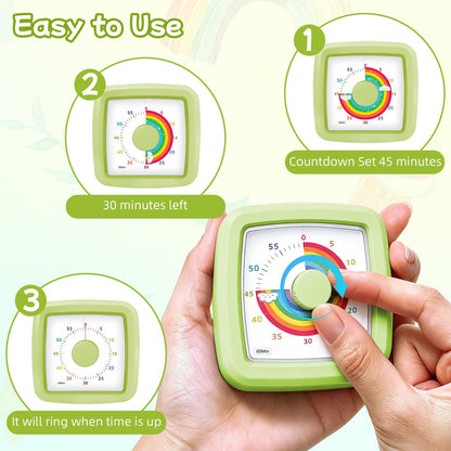 Visual Timer for Kids 60 Minute Countdown Clock – Silent Cube Timer with Rainbow Cloud Design, Plastic Kids Visual Timer, Toddler Timers for Classroom Home Kitchen Study Tools, Green