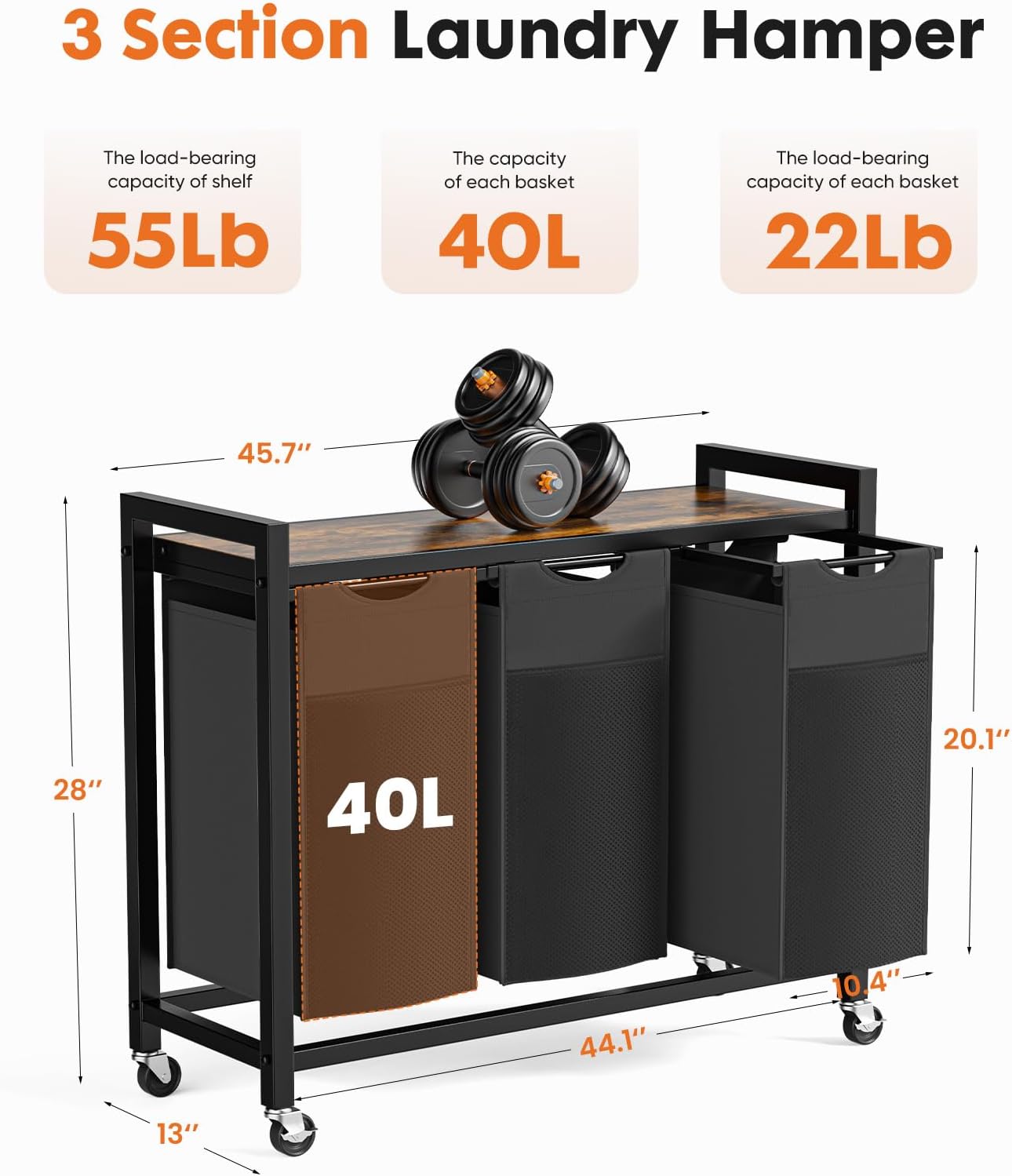 NEWBULIG Laundry Hamper Sorter with Wheels, Rolling Laundry Basket with Shelf & Removable Pull-Out Bag, Dirty Clothes Hamper for Room Organizer, 3 x 10.6 Gal (120L) - Rustic Brown and Black