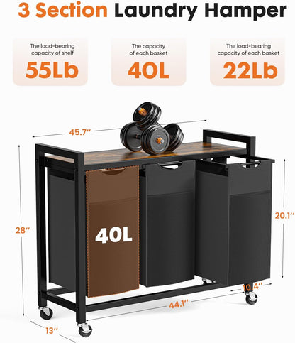 NEWBULIG Laundry Hamper Sorter with Wheels, Rolling Laundry Basket with Shelf & Removable Pull-Out Bag, Dirty Clothes Hamper for Room Organizer, 3 x 10.6 Gal (120L) - Rustic Brown and Black
